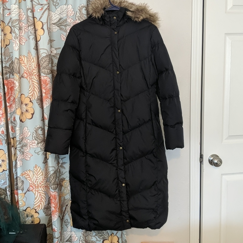 Full length black down coat with fur trimmed hood